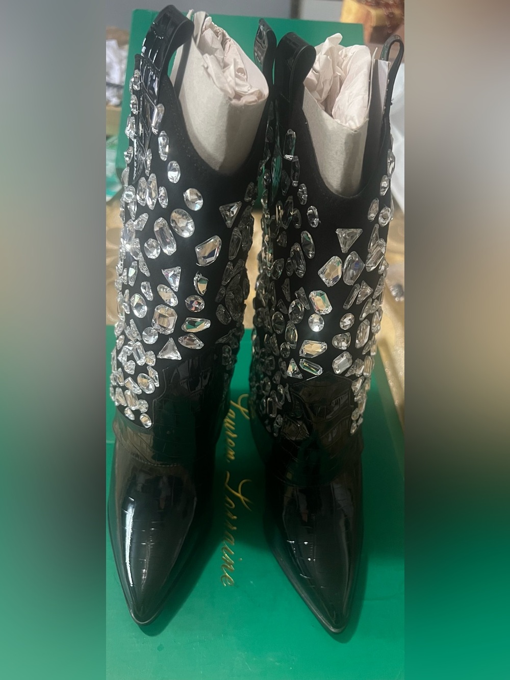 NIB Lauren Lorraine Hana Crystal Embellished Western Boots Black Size 8.5